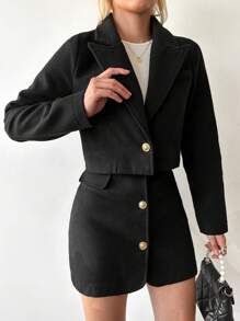 SHEIN Cottnline 尖領剪裁長袖修身西裝外套,單排扣迷你裙女裝套裝 - 黑色 - 查看 3