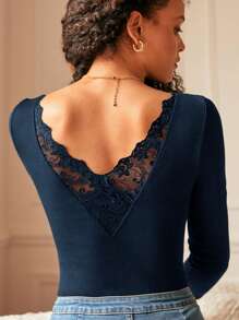 SHEIN Frenchy Contrast Lace Back Scoop Neck Tee - Navy Blue - View 1