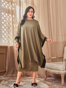 Mulvari 大碼拼接面蝙蝠袖上衣&七分褲