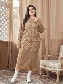 Mulvari Hơn Viền rìa Thả vai Sweater & Knit Skirt - Lạc đà - Xem 5