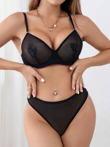 Classic Sexy 蝴蝶貼花網紗鋼圈內衣套裝 - 黑色 - 查看 6