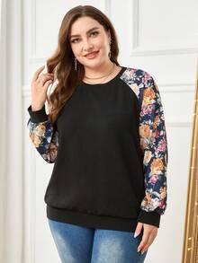 SHEIN LUNE Plus Contrast Floral Print Raglan Sleeve Tee - Black - View 3
