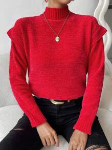 Chiquease Áo len cổ cao, vai rớt, chất liệu dệt kim, thích hợp cho mùa thu đông. - Đỏ - Xem 1