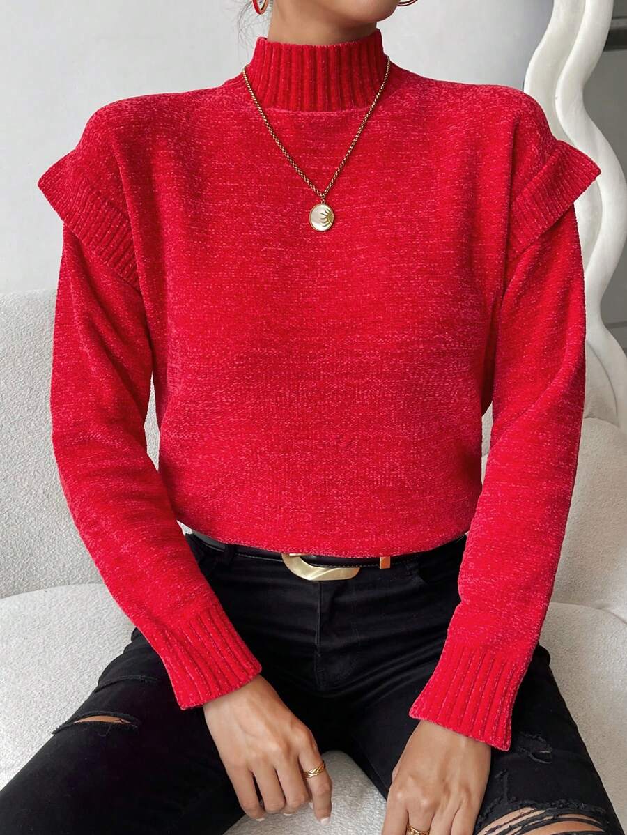 Chiquease Áo len cổ cao, vai rớt, chất liệu dệt kim, thích hợp cho mùa thu đông. - Đỏ - Xem 1