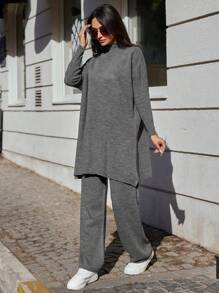 SHEIN Cottnline Mock Neck Batwing Sleeve Sweater & Knit Pants - Grey - View 5