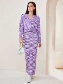 Seusyu 段染落肩开衫和毛衣连衣裙两件套 - 彩色 - 查看 4