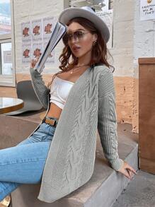 SHEIN LUNE 绞花针织落肩开衫 - 灰色 - 查看 3