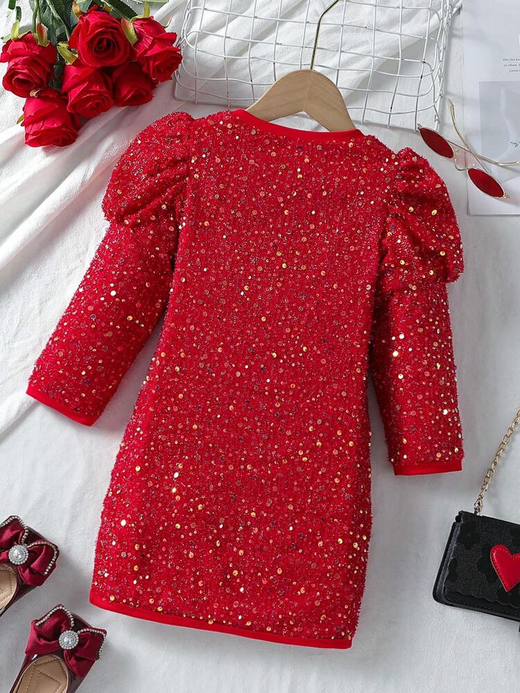 Young Girl Gigot Sleeve Sequin Decor Dress for Christmas
