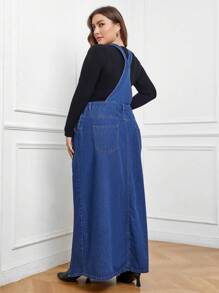 SHEIN Privé 大碼高衩牛仔背帶裙不帶T恤 - 藍色 - 查看 2