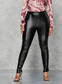 SHEIN BAE 大碼高腰褶邊下擺開叉PU皮打底褲 - 黑色 - 查看 4