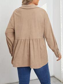 SHEIN Frenchy Hơn Túi có nắp Thả vai Peplum Hem Áo khoác vải nhung - Màu Khaki - Xem 2