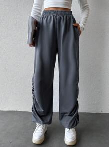SHEIN Cottnline Solid Elastic Waist Slant Pocket Ruched Side Sweatpants - Grey - View 1
