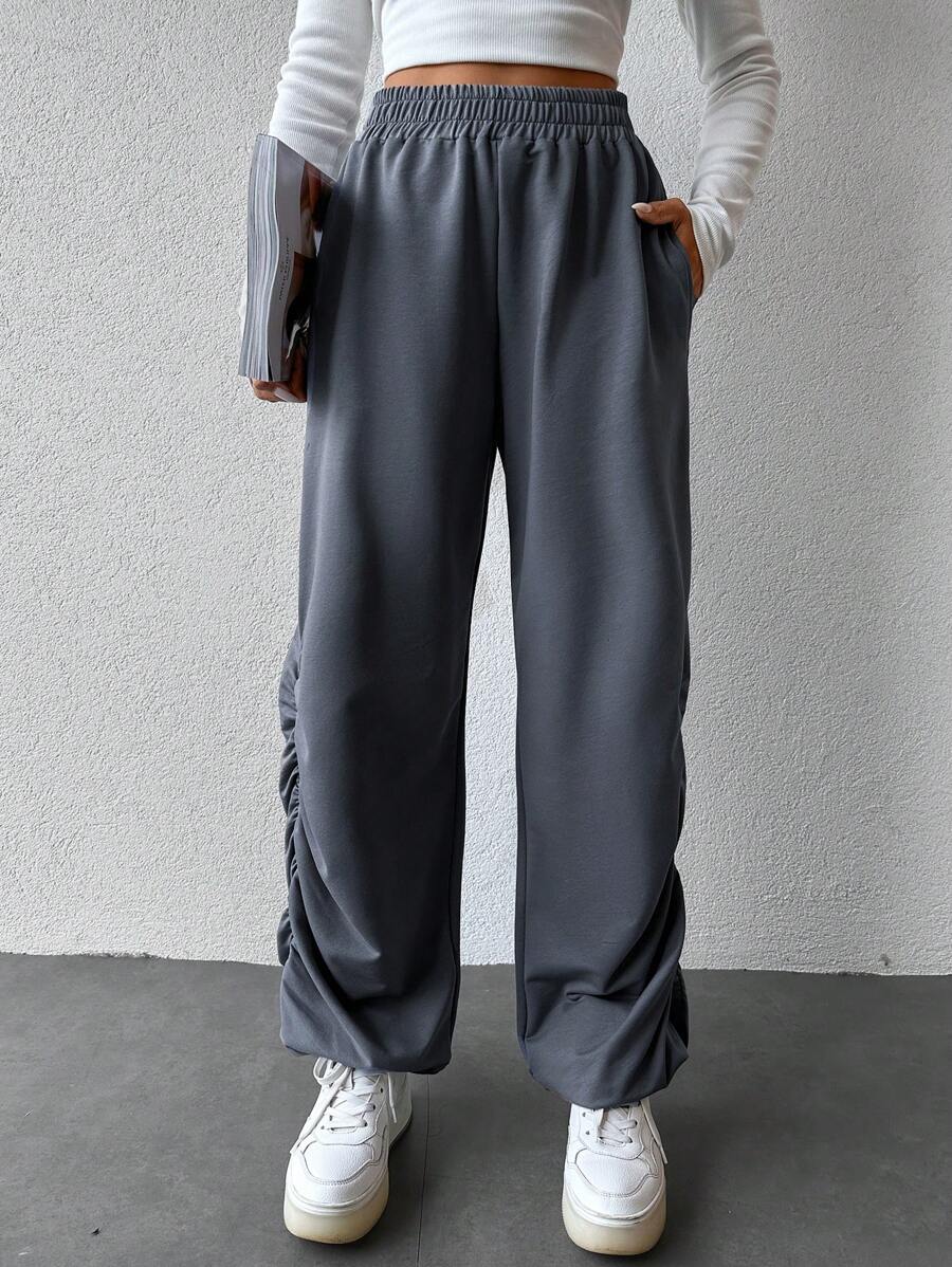 SHEIN Cottnline Solid Elastic Waist Slant Pocket Ruched Side Sweatpants - Grey - View 1