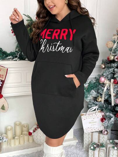 SHEIN Frenchy Plus Letter Graphic Kangaroo Pocket Drop Shoulder Drawstring Hooded Sweatshirt Dress