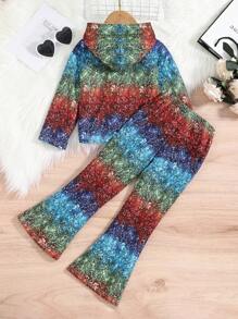 SHEIN Young Girl Colorblock Hoodie & Flare Leg Pants - Multicolor - View 2