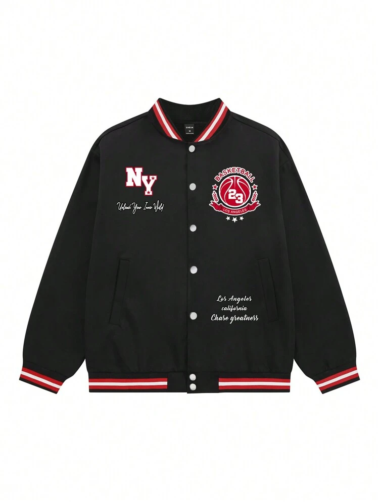 Men's Casual Letter Print Baseball Jacket, Autumn/Winter