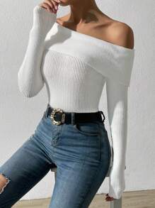 RosyDaze Jersey doblado de hombros descubiertos tejido de canalé - Blanco - Ver 7