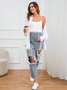 SHEIN Maternity Ripped Cut Out Tapered Jeans - Light Wash - View 6