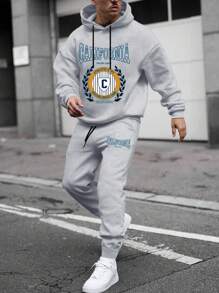 Manfinity Homme Nam Hoodie Và Quần thể thao Bộ Với In thư Và Dây rút - Xám - Xem 1