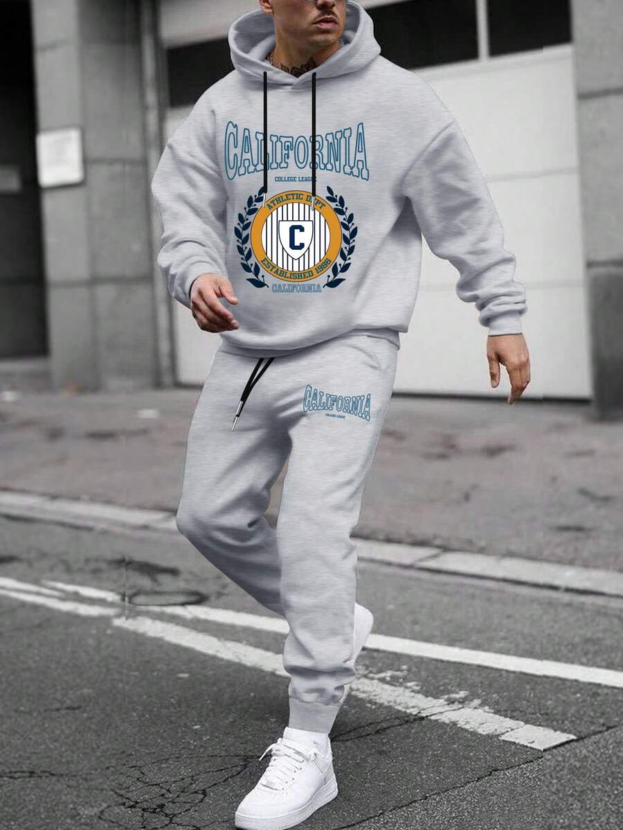 Manfinity Homme Nam Hoodie Và Quần thể thao Bộ Với In thư Và Dây rút - Xám - Xem 1