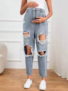 SHEIN Maternity Ripped Cut Out Tapered Jeans - Light Wash - View 4