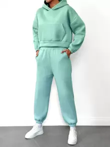 RueChic Kangaroo Pocket Drop Shoulder Hoodie & Sweatpants - Mint Green - View 3