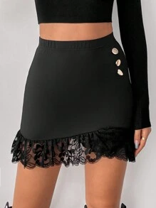 SHEIN Essnce 紐扣細節蕾絲拼接荷葉邊包臀半身裙 - 黑色 - 查看 1