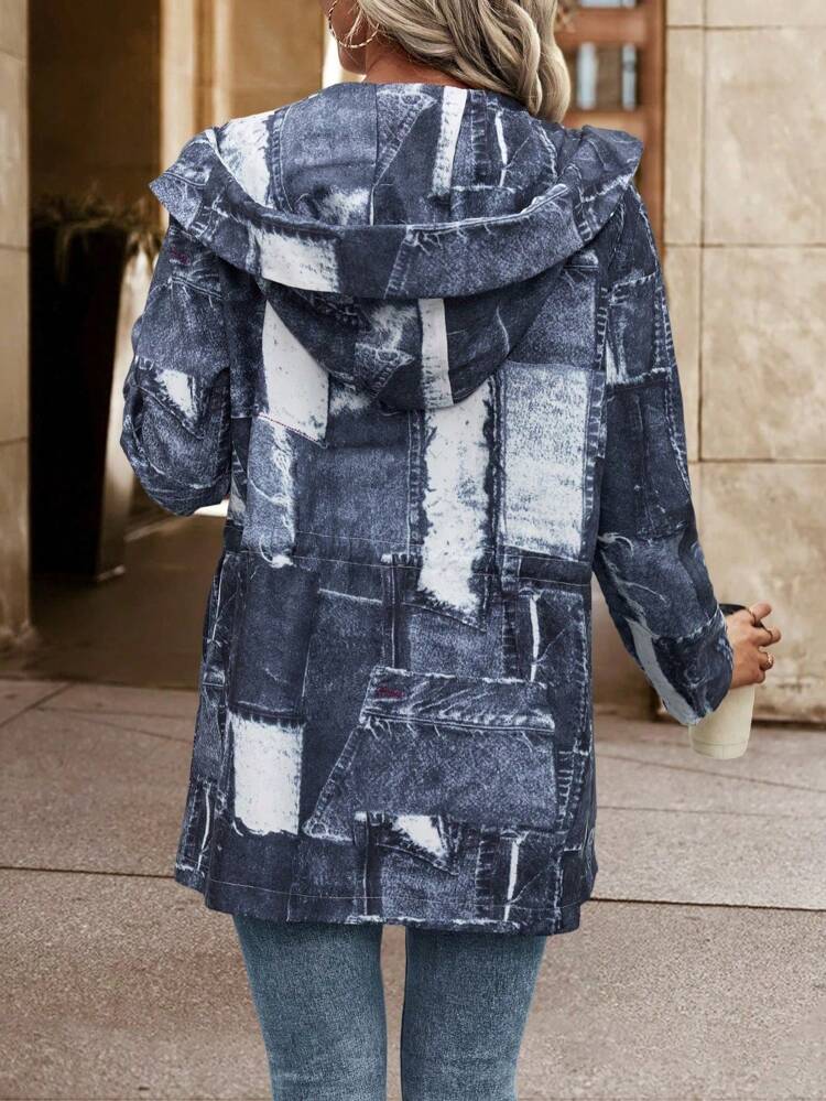 Patchwork Print Zip Up Hooded Coat
