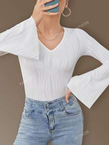 Solid V Neck Flare Sleeve Tee
