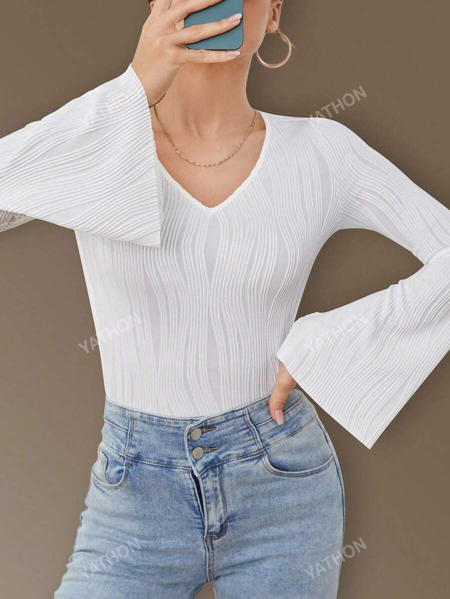 Solid V Neck Flare Sleeve Tee