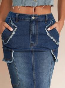 SHEIN BAE Jupe En Jean Ourlet Effiloché Poche À Rabat