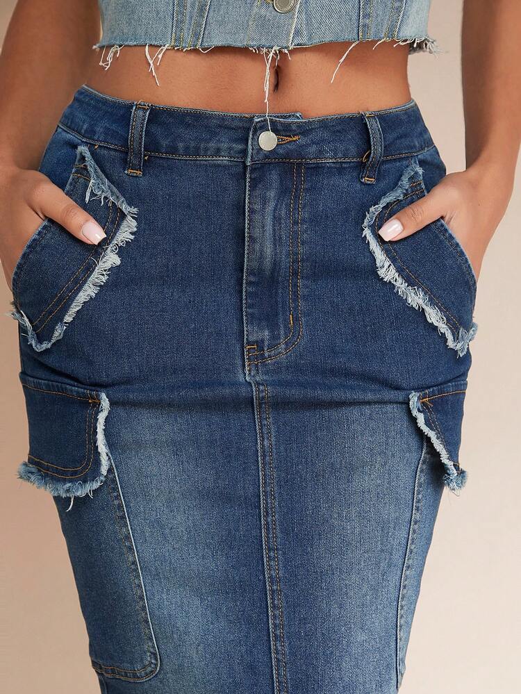 Raw Trim Flap Pocket Denim Skirt