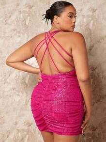 SHEIN BAE 圣诞系列交叉露背褶饰亮片紧身连衣裙 - 玫紅色 - 查看 5