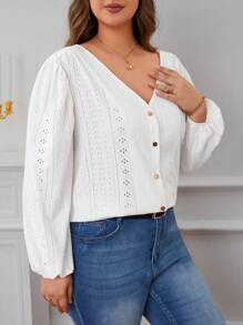 SHEIN Frenchy Hơn Lỗ gắn thêu Tay áo lồng đèn Nút phía trước Áo sơ mi - trắng - Xem 4