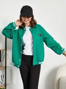 RueChic Teen Girl Letter Patched Striped Trim Drop Shoulder Varsity Jacket - Green - View 4