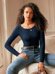 SHEIN Frenchy Contrast Lace Back Scoop Neck Tee - Navy Blue - View 6