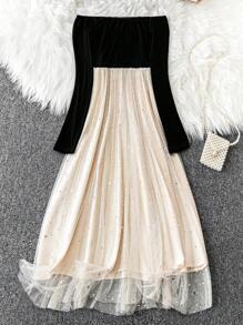 SHEIN Clasi Talla grande Vestido de malla de hombros descubiertos brillante