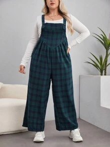 SHEIN EZwear Plus Plaid Print Overall Jumpsuit Without Tee - Green - View 3
