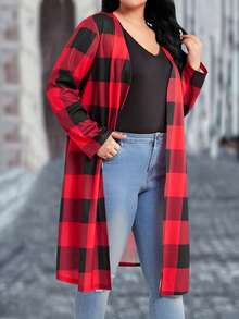 SHEIN LUNE Plus Buffalo Plaid Print Open Front Coat - Multicolor - View 3