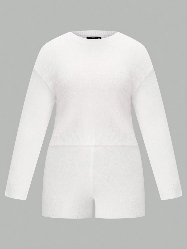Plus 1pc Drop Shoulder Sweater & Knit Shorts Fall Cloth For Women
