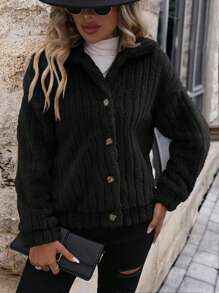 EMERY ROSE Thả vai Nút phía trước Áo Teddy Jackets - màu đen - Xem 6