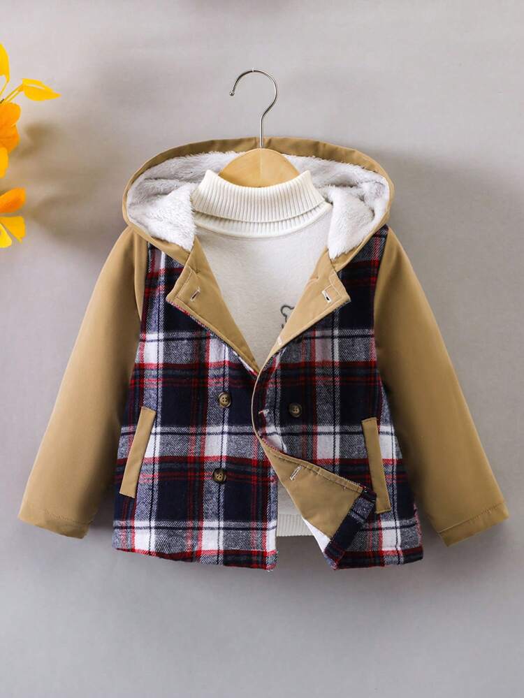 Young Boy 1pc Plaid Print Hooded Thermal Lined Padded Coat