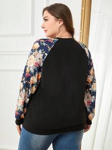 SHEIN LUNE Plus Contrast Floral Print Raglan Sleeve Tee - Black - View 2