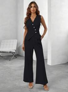 RosyDaze Button Front Vest Blazer & Wide Leg Pants