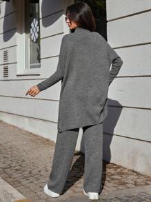 SHEIN Cottnline Mock Neck Batwing Sleeve Sweater & Knit Pants - Grey - View 2