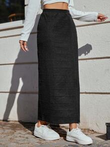 SHEIN Cottnline Zip Side Split Thigh Skirt - Black - View 4