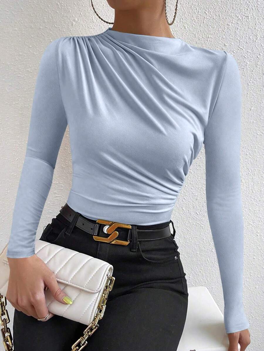 VaVaBold Elegant Commuter Solid Color Ruched Fitted Long Sleeve T-Shirt - Blue - View 1