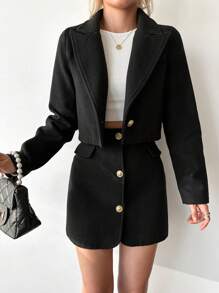 SHEIN Cottnline 尖領剪裁長袖修身西裝外套,單排扣迷你裙女裝套裝 - 黑色 - 查看 1