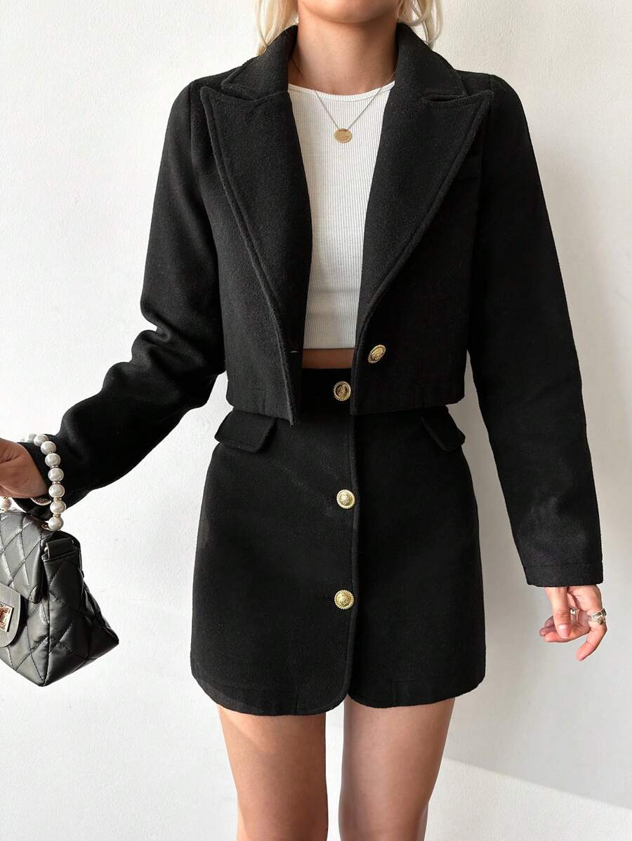 SHEIN Cottnline 尖領剪裁長袖修身西裝外套,單排扣迷你裙女裝套裝 - 黑色 - 查看 1