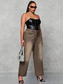 SHEIN BAE 大碼高腰直筒牛仔褲 - 棕色 - 查看 3